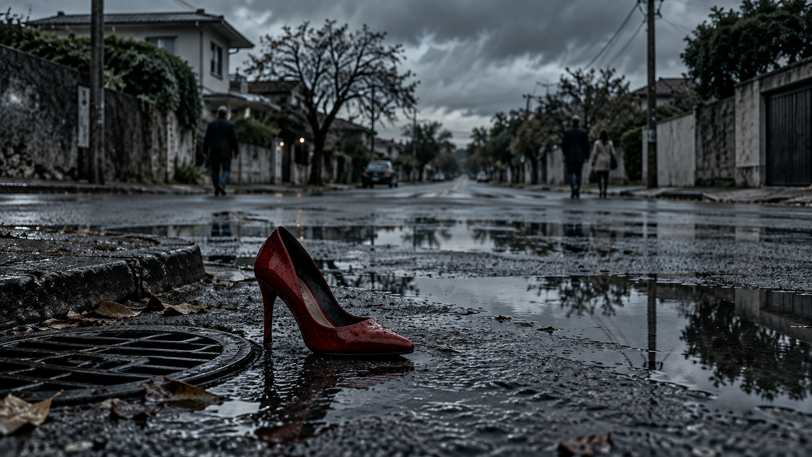 Salto vermelho abandonado ao lado de um bueiro depois da chuva