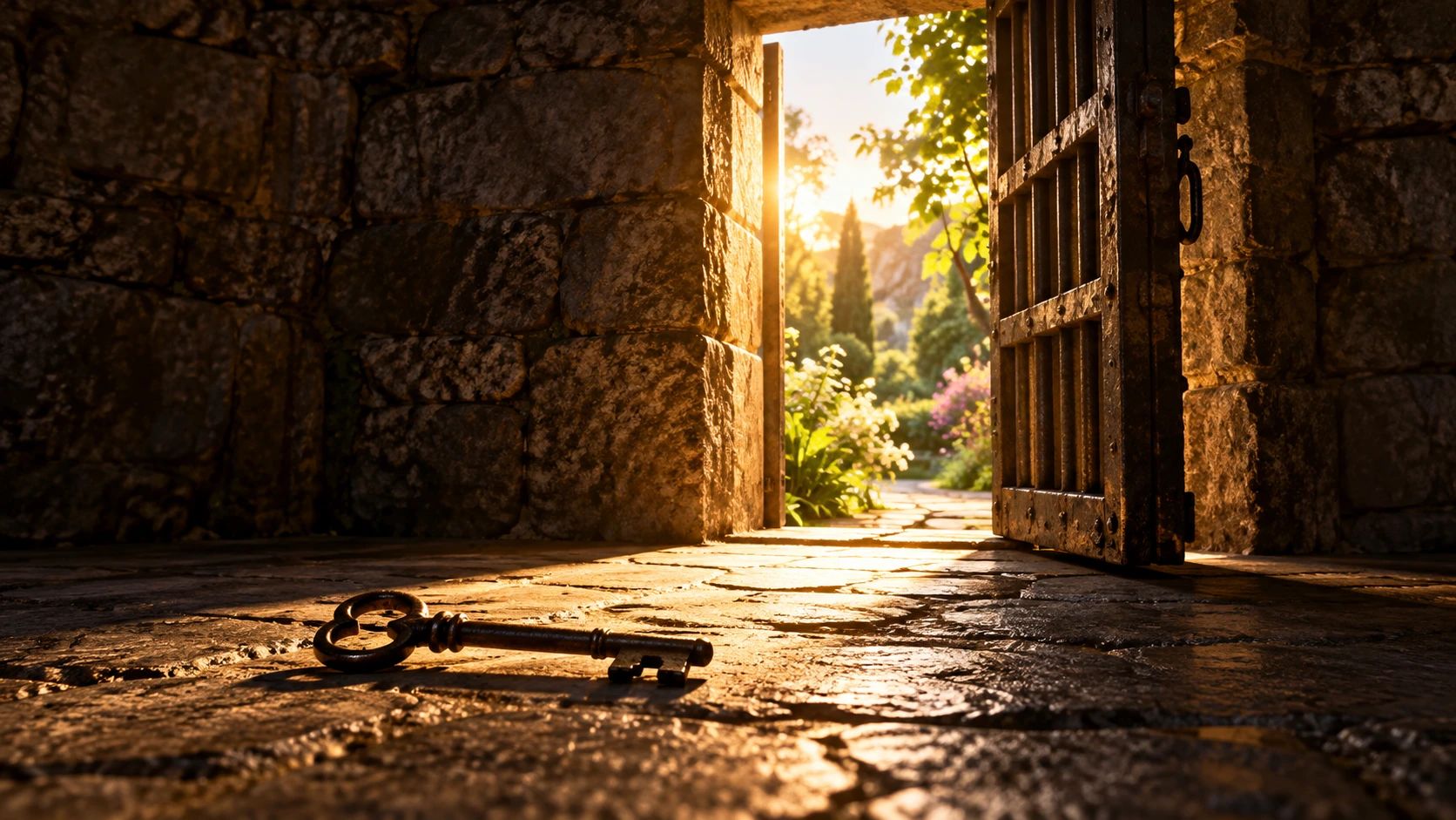 Uma porta de cela entreaberta dá acesso a um jardim iluminado; uma chave repousa no chão