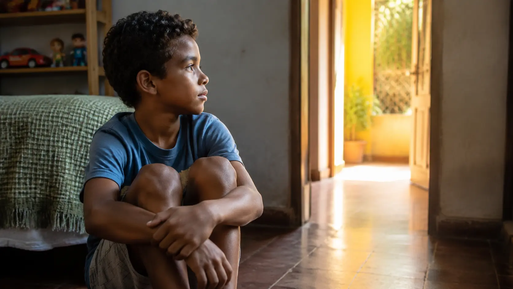 Criança assustada e triste aparece recolhida em um ambiente doméstico, representando a necessidade de proteção da infância.