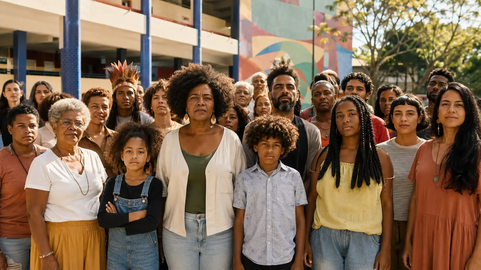 Pessoas negras de diferentes idades e outros brasileiros aparecem unidos em defesa da igualdade racial.