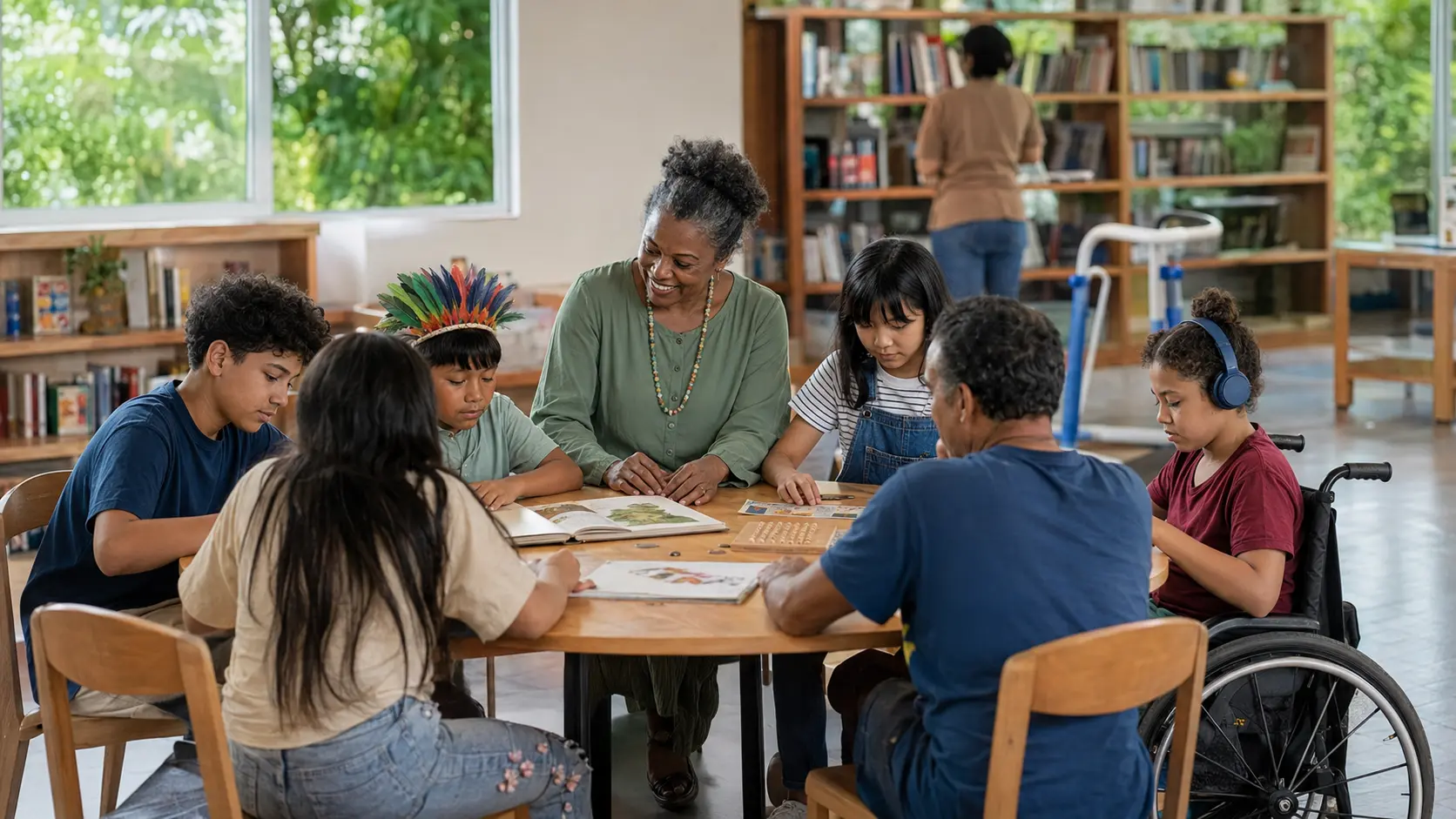 Estudantes de diferentes idades, origens e necessidades de acessibilidade aprendem juntos em uma biblioteca escolar.