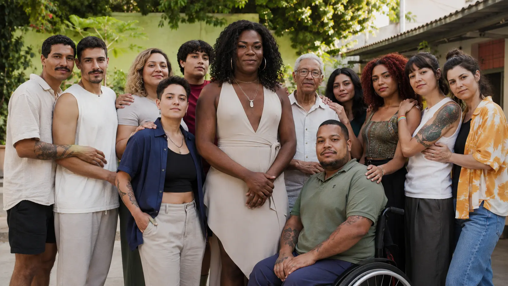 Grupo LGBTQIA+ diverso, com pessoas trans, casais, pessoa idosa e cadeirante, aparece unido e seguro.