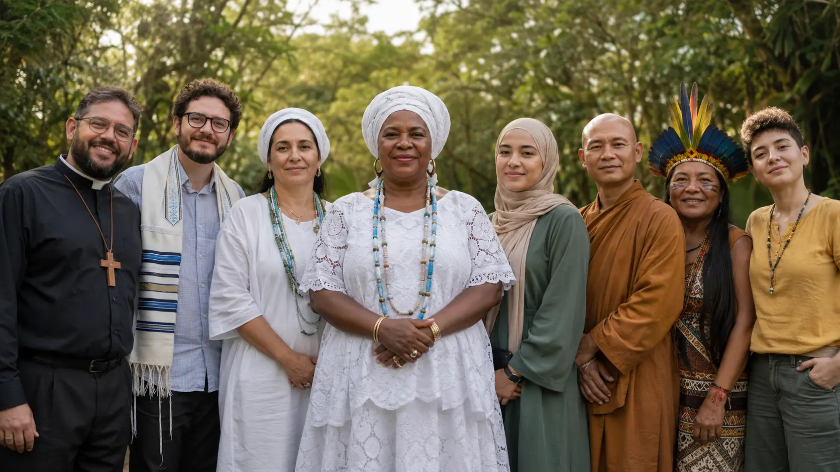 Pessoa candomblecista ocupa o centro de um grupo formado por representantes de diferentes crenças e pessoas sem religião.