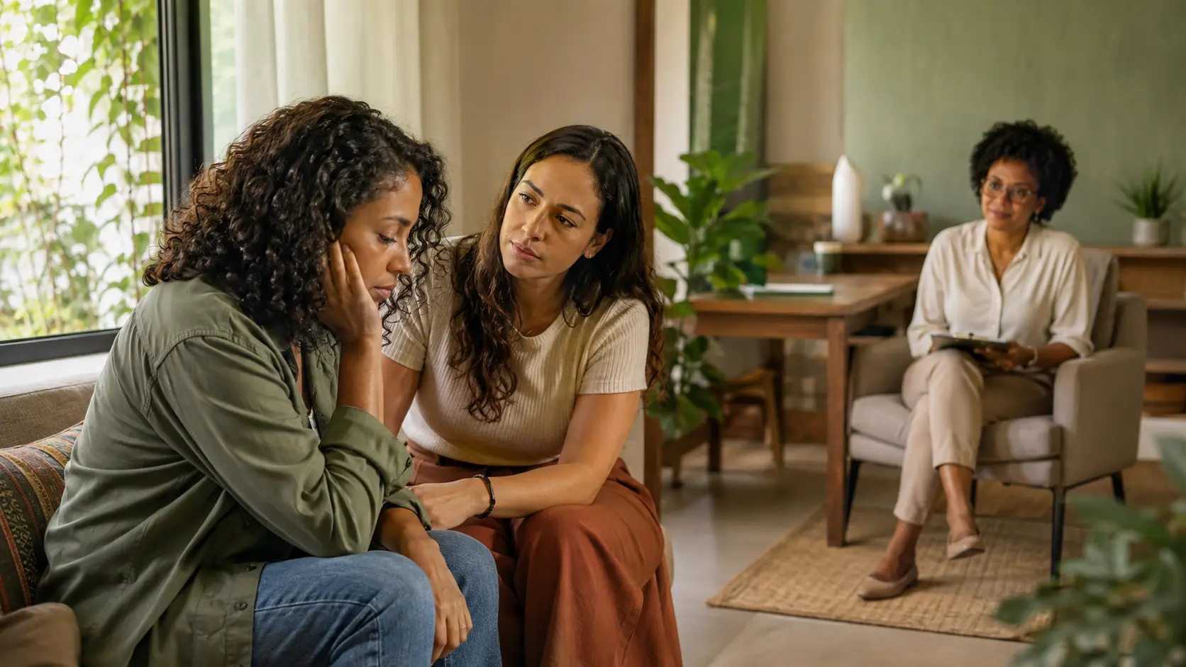 Mulher em sofrimento emocional é acolhida por uma amiga, com uma profissional de saúde mental ao fundo.